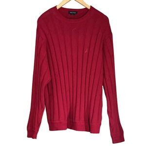 Nautica Mens Red 100% Cotton Ribbed Knit Crew Neck Pullover Classic Sweater L